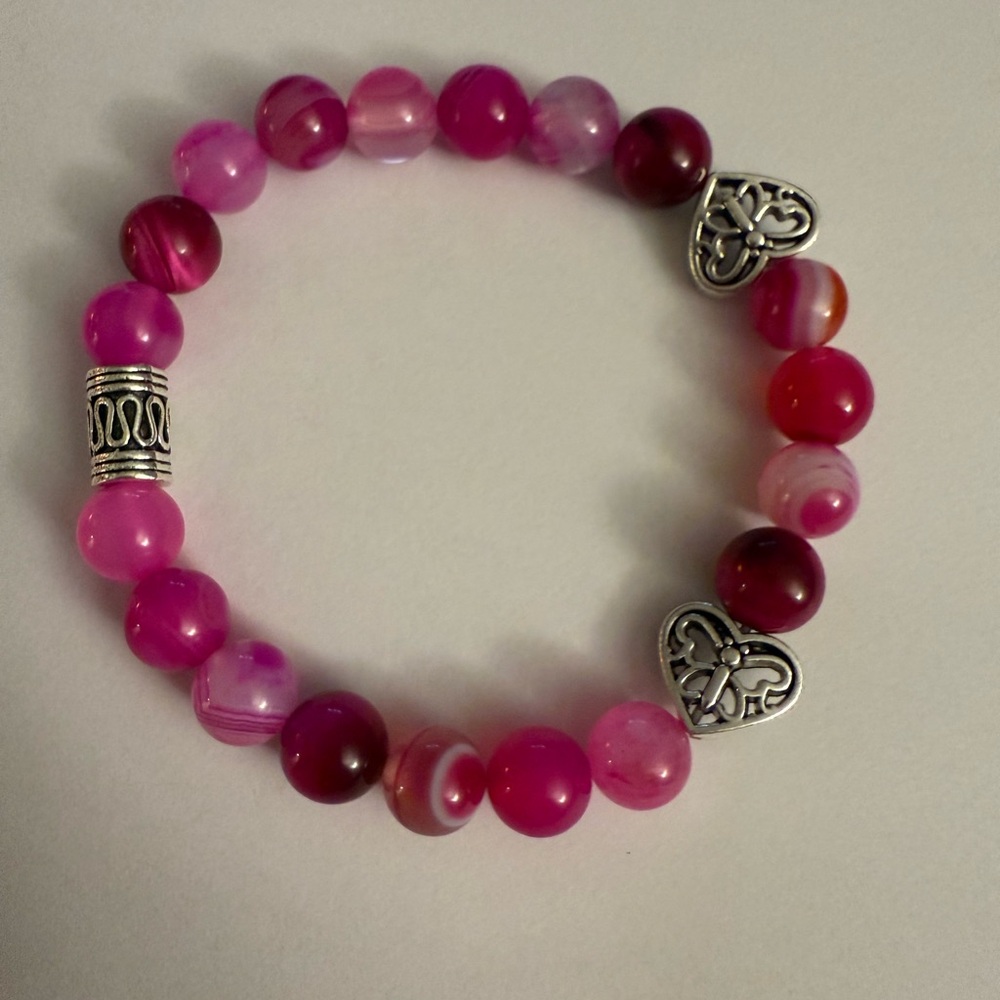 Pink agate swirl with heart charms.  Part of our 2025 Spring Collection